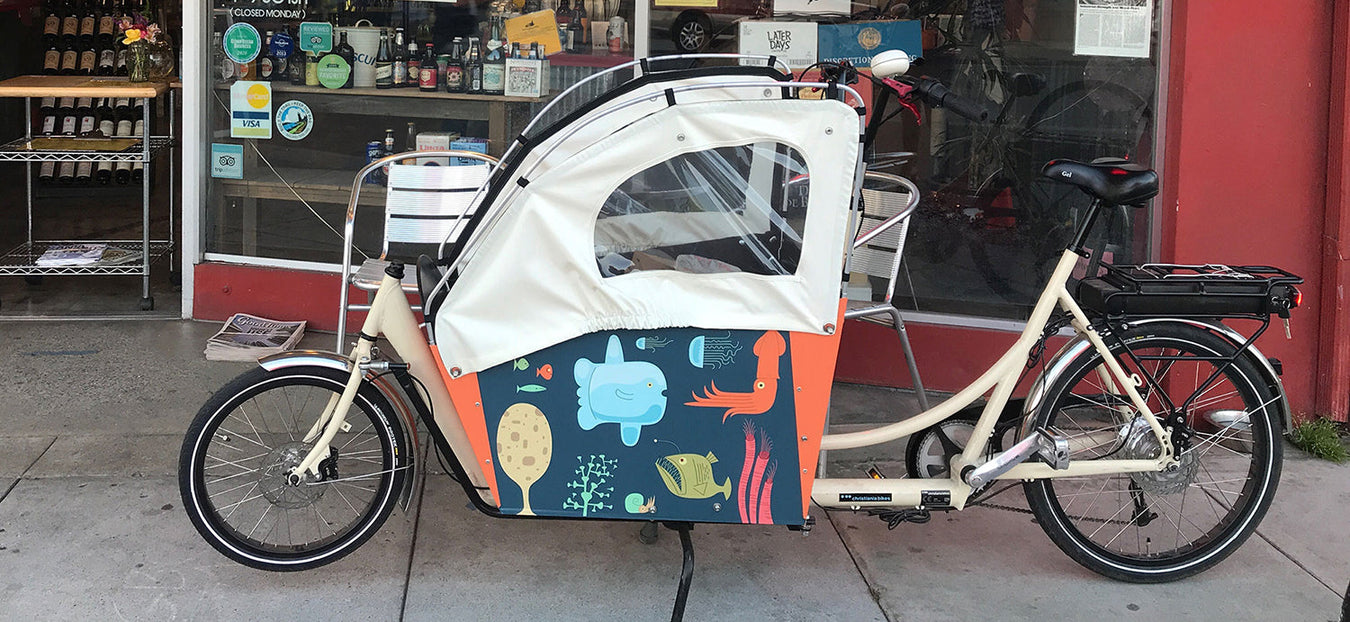 customized 2 wheel cargo bike with hood