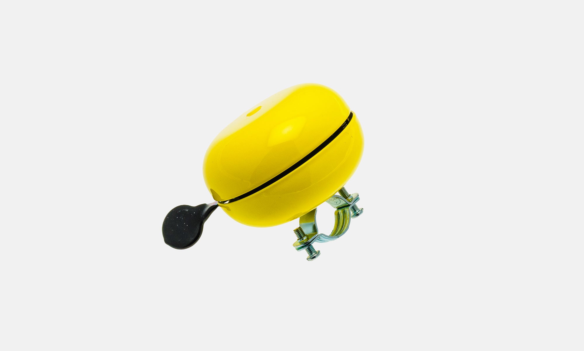 Bright yellow bicycle bell for the Classic Sloped midDrive Pro I5 by Christiania Bikes America, designed for easy installation and a fun sound.