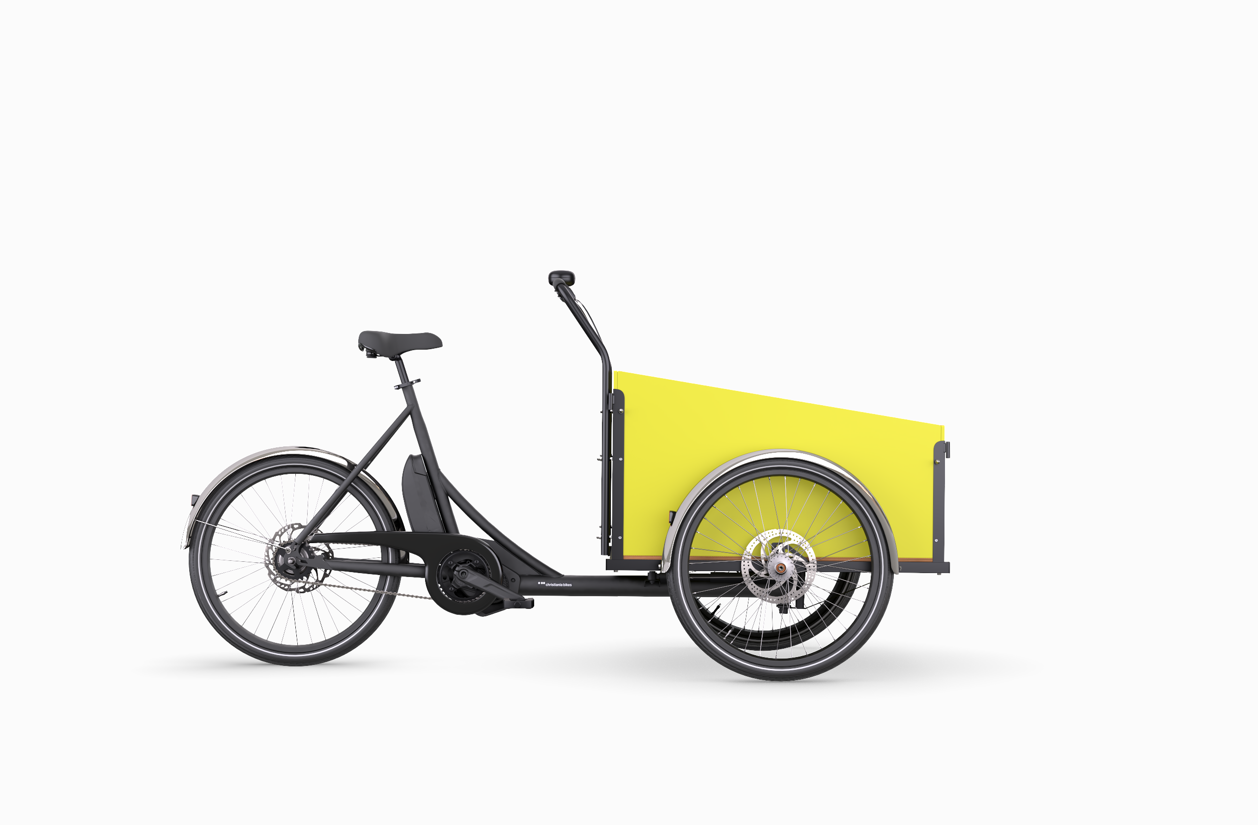 Christiania Bikes America Classic Sloped midDrive Pro I5, featuring a yellow cargo box, perfect for family outings and transporting kids or pets.