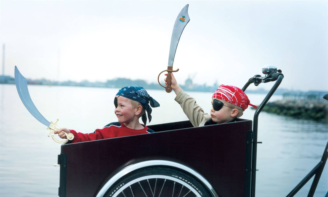 2 kids in cargo bike with swords