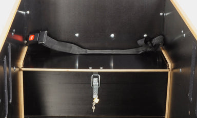 Interior view of the Christiania Bikes America Classic Sloped, showcasing secure storage with a safety strap and lock, designed for convenience and safety.